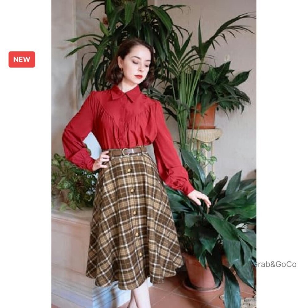 Vintage Plaid A-Line Skirt Retro Midi Flared with Pockets & Belt - Picture 4 of 8